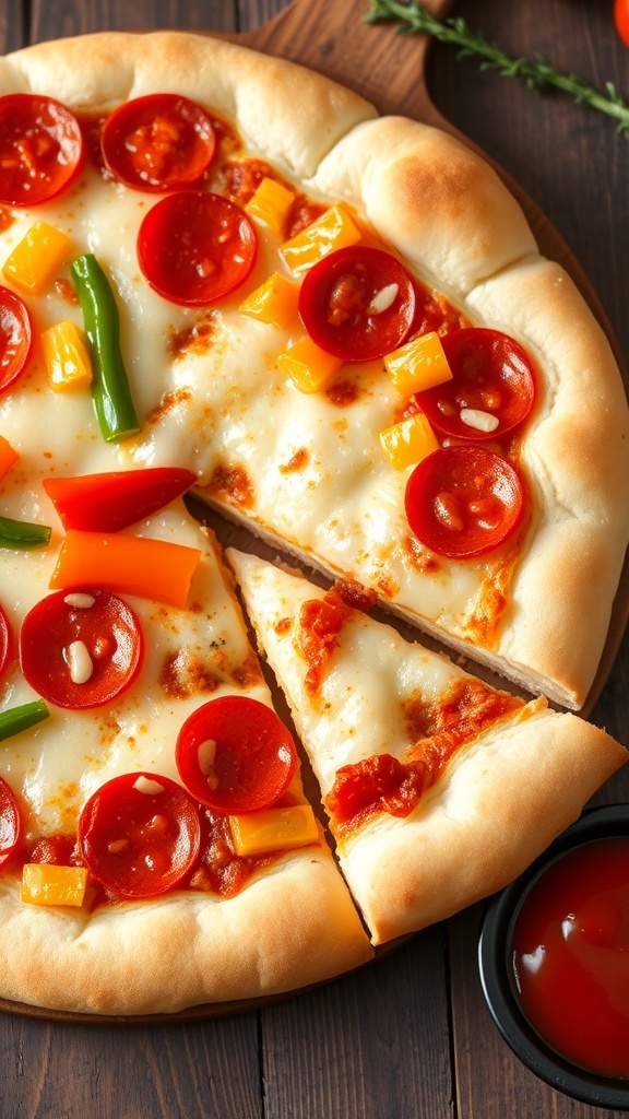 A golden brown cloud bread pizza topped with cheese, pepperoni, and bell peppers on a wooden table.